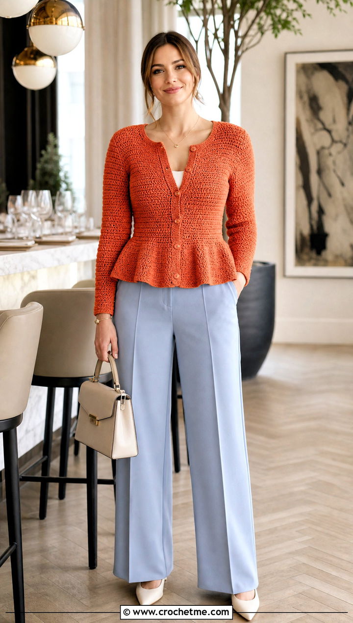 Peplum Half Double Crochet Cardigan With Wide Leg Trousers - 25 Half Double Crochet Cardigan outfit ideas