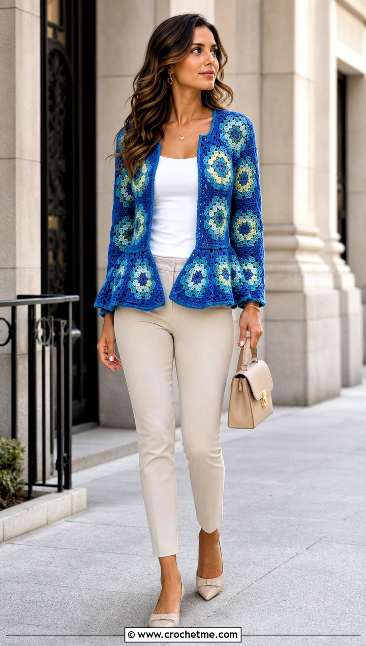 Peplum Hexagon Granny Square Cardigan With Slim Pants - 35 hexagon granny square sweater outfit ideas