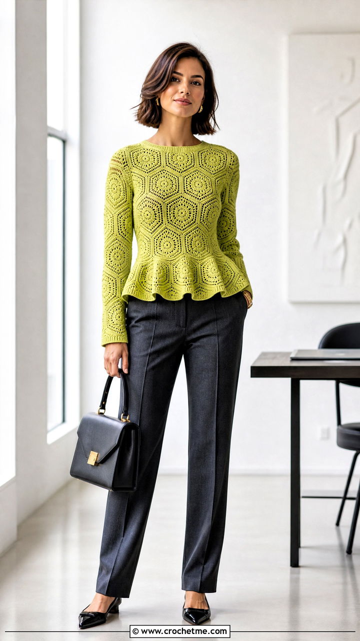 Peplum Hexagon Sweater With Straight Trousers - 35 crochet hexagon sweater outfit ideas