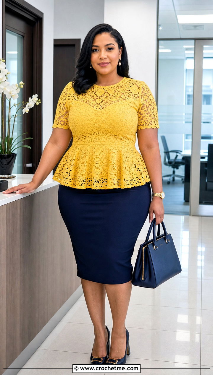 Peplum Lace Crochet Blouse With Pencil Skirt - 15 lace crochet blouse design outfit ideas