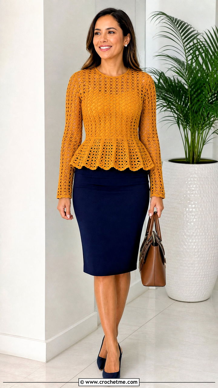 Peplum Mesh Crochet Top With Pencil Skirt - 35 mesh crochet top outfit ideas