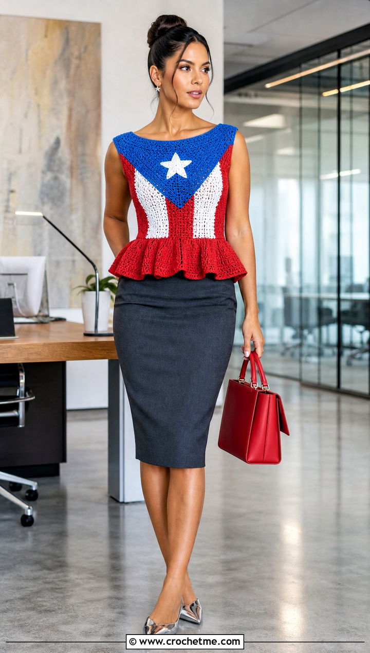 Peplum Puerto Rican Flag Crochet Top With Pencil Skirt - 20 Puerto Rican Flag Crochet Top outfit ideas