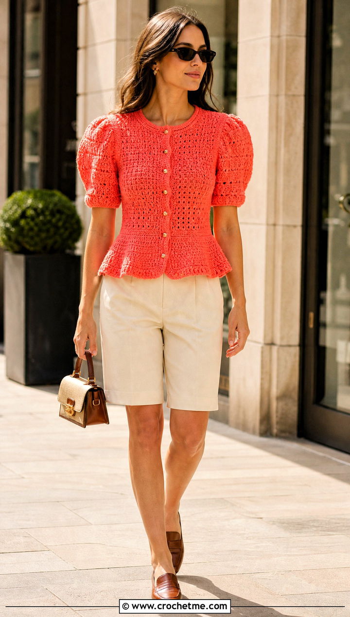 Peplum Puff Sleeve Crochet Cardigan With Tailored Shorts - 25 Puff Sleeve Crochet Cardigan outfit ideas
