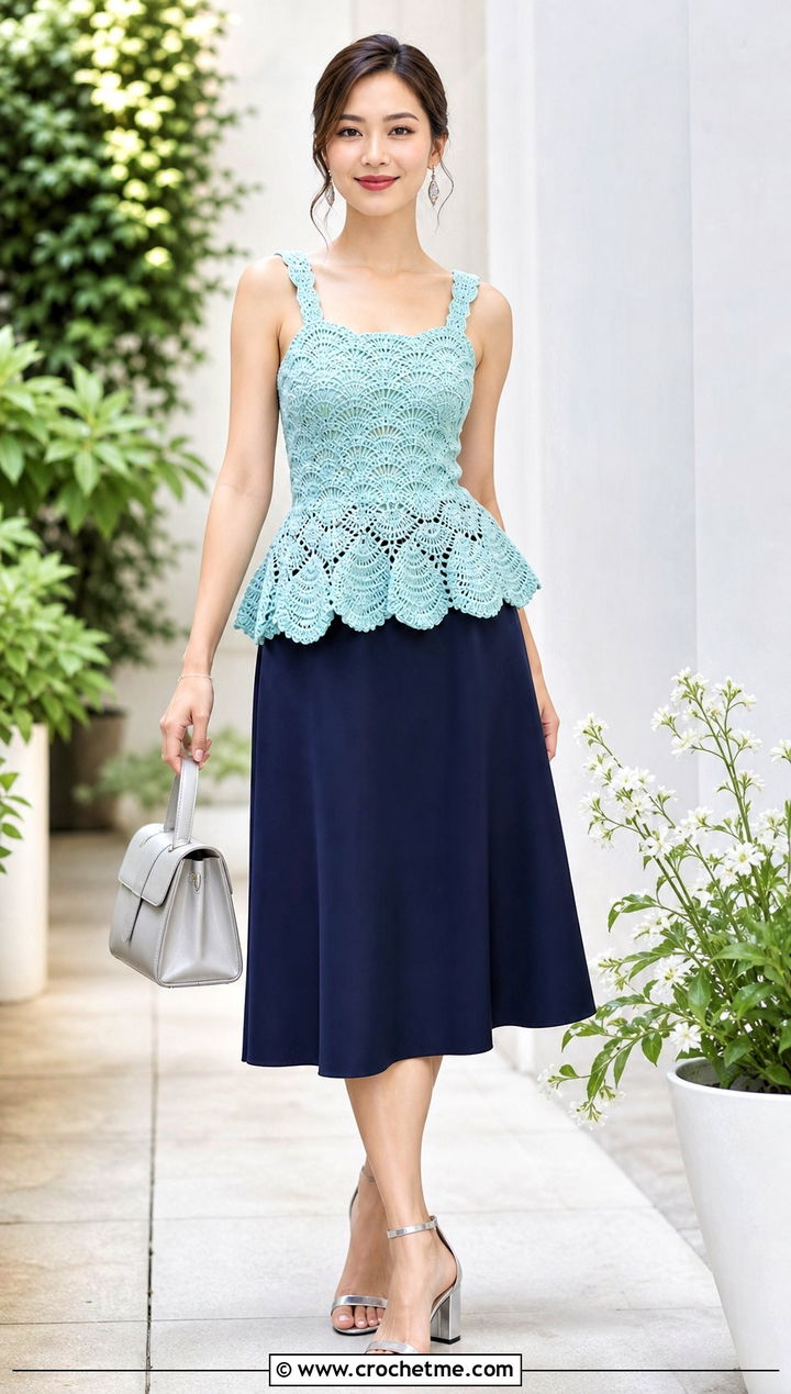 Peplum Seashell Crochet Top With A Line Midi Skirt - 35 crochet seashell top outfit ideas