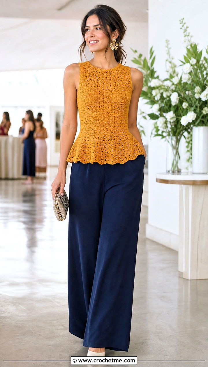 Peplum Solid Shell Stitch Crochet Tank Top With Wide Leg Pants - 15 solid shell stitch crochet tank top outfit ideas