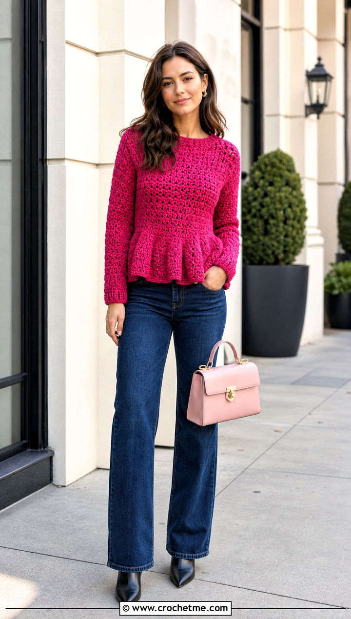 Peplum Thick Yarn Crochet Sweater With Dark Jeans - 25 thick yarn crochet sweater outfit ideas
