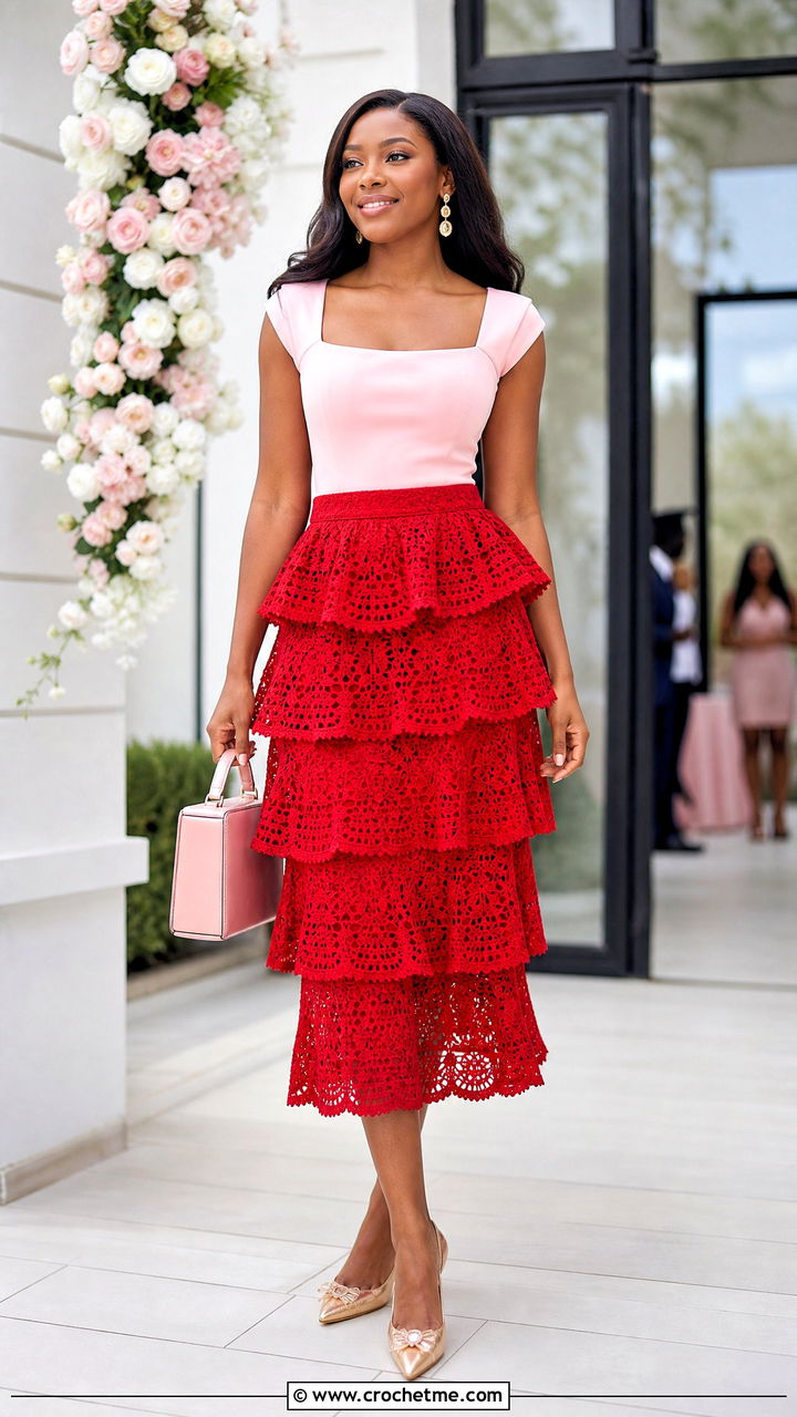 Peplum Tier Crochet Ruffle Midi Skirt With Square Neck Top - 35 crochet ruffle skirt outfit ideas