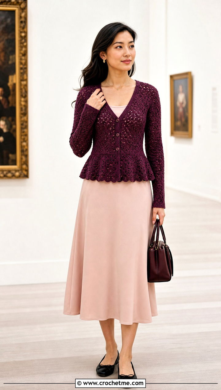 Peplum V Stitch Cardigan With A Line Midi Skirt - 25 Crochet V Stitch Cardigan outfit ideas