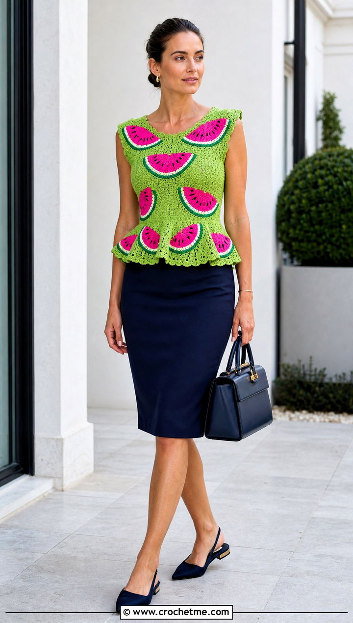 Peplum Watermelon Crochet Top With Pencil Skirt - 30 watermelon crochet top outfit ideas