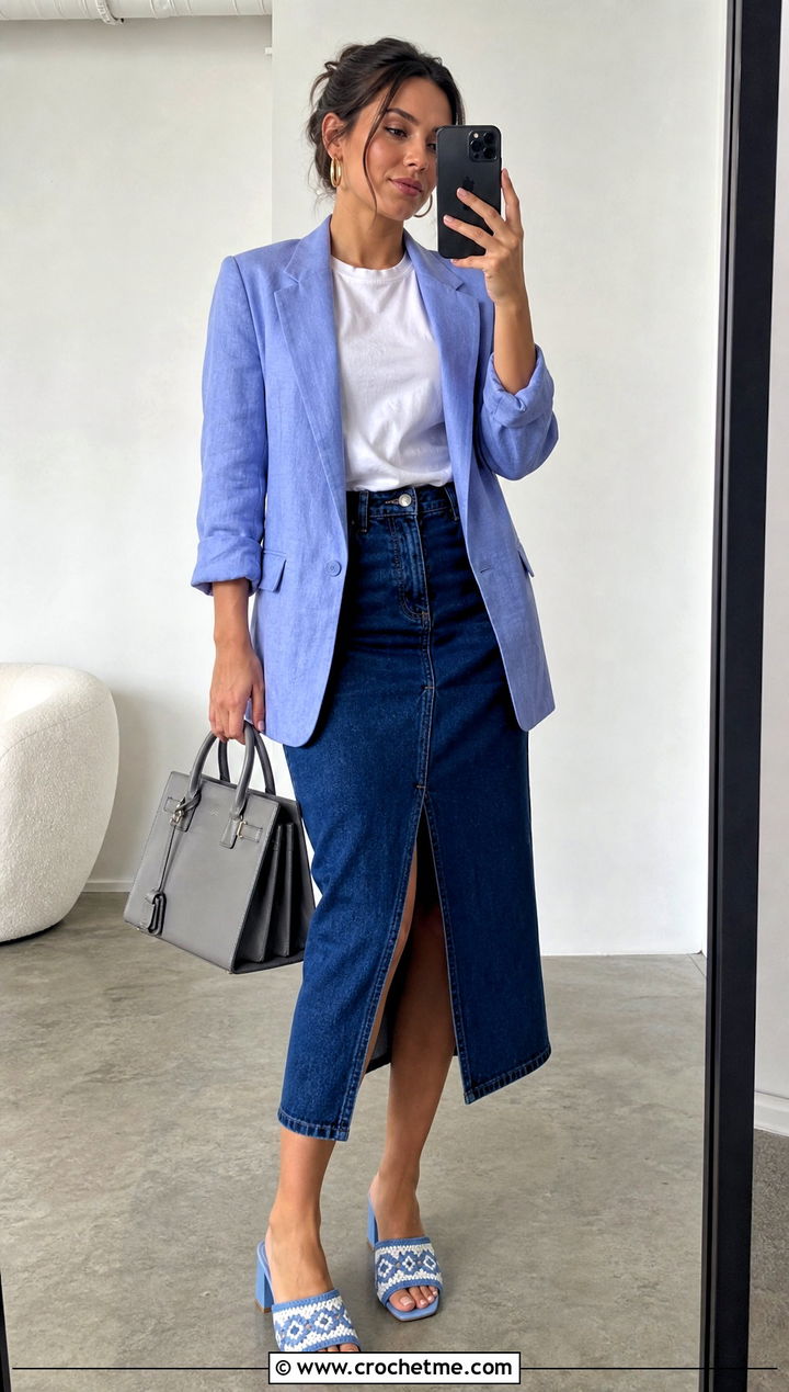 Periwinkle Blue And White Crochet Mule Sandals With Denim Midi Skirt - 15 Blue And White Crochet Sandals outfit ideas