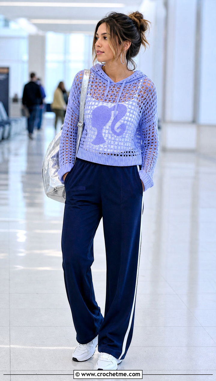 Periwinkle Crochet Hoodie Barbie Top With Track Pants - 30 crochet barbie top outfit ideas