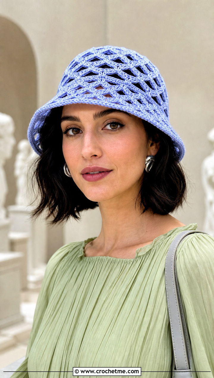 Periwinkle Geometric Mesh Bucket Hat With Pleated Dress - 30 crochet mesh bucket hat outfit ideas