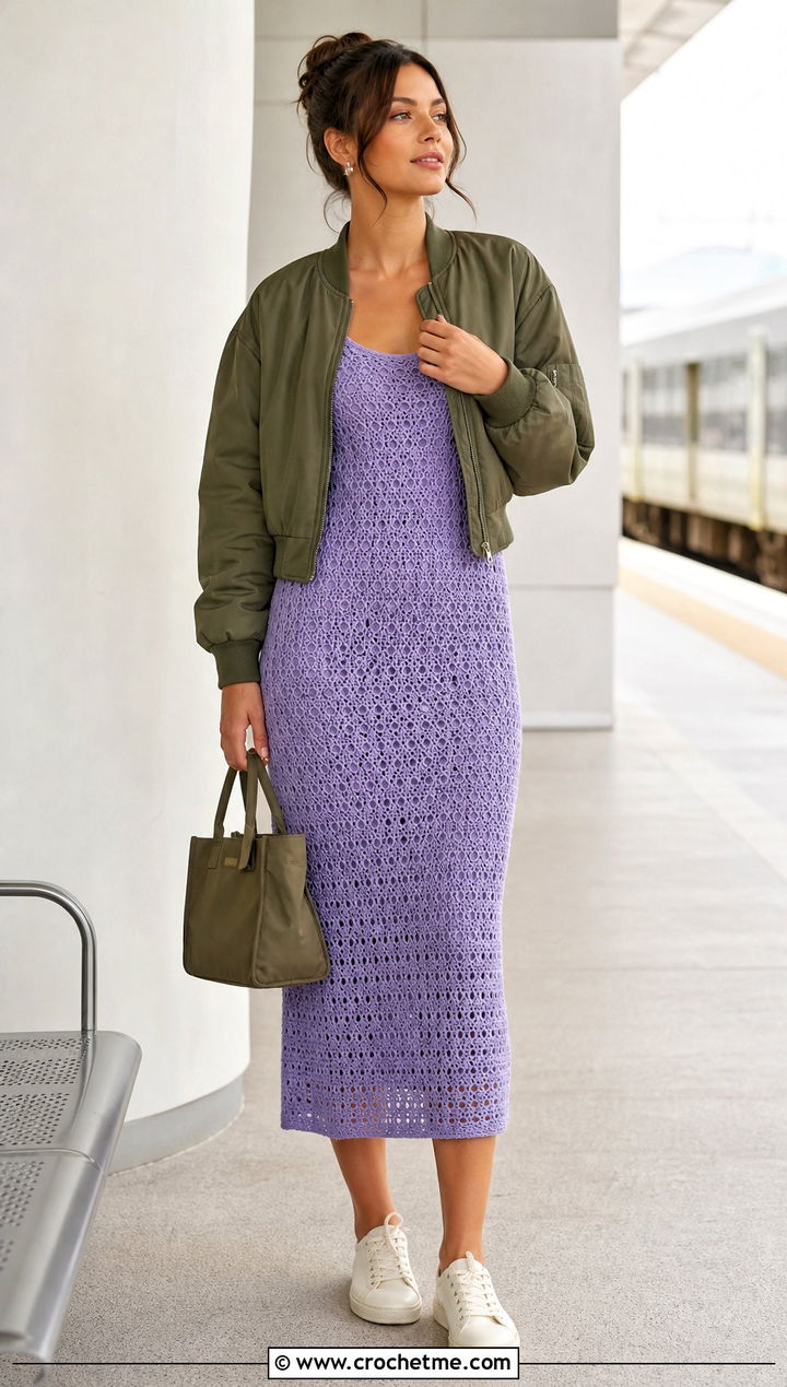 Periwinkle Purple Crochet Midi Dress With Bomber Jacket - 35 purple crochet dress outfit ideas