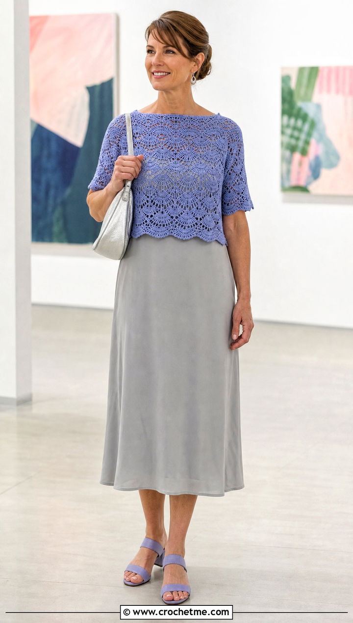 Periwinkle Scalloped Crochet Blouse Over A Slip Dress - 15 Blue Crochet Blouse Design outfit ideas