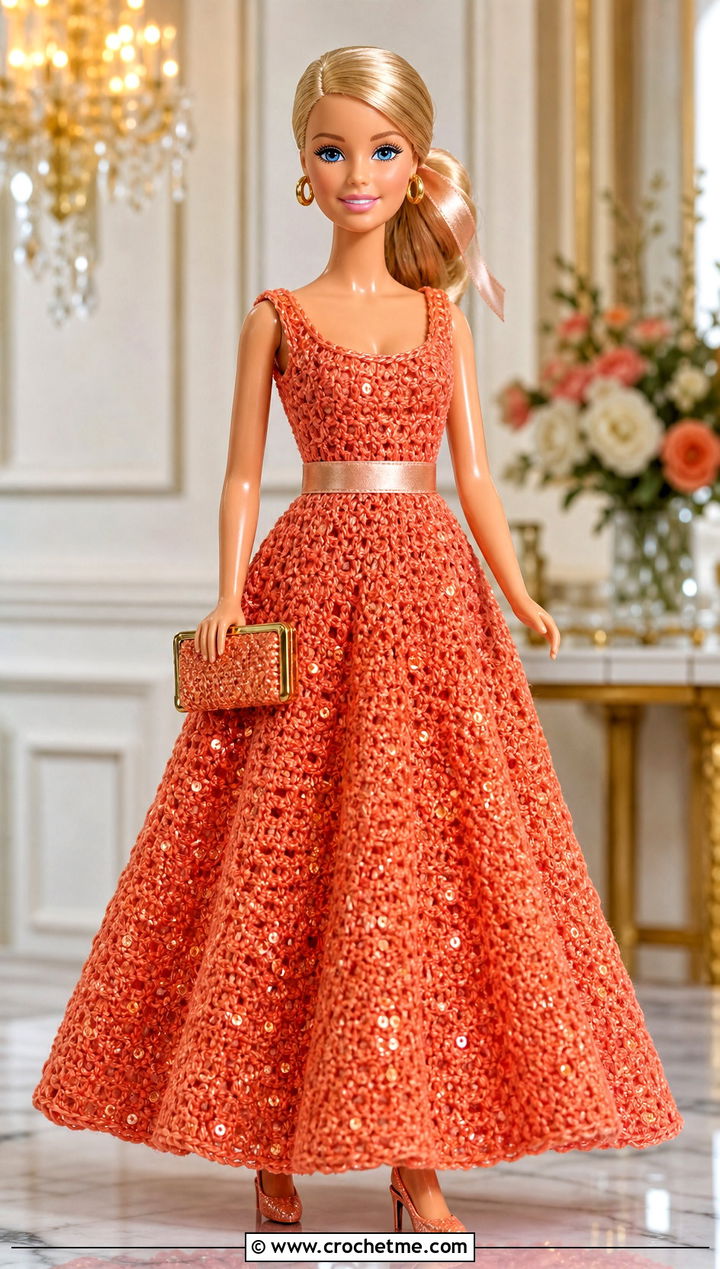 Persimmon Sequin Thread Crochet Barbie Ball Gown - 30 crochet barbie ball gowns outfit ideas