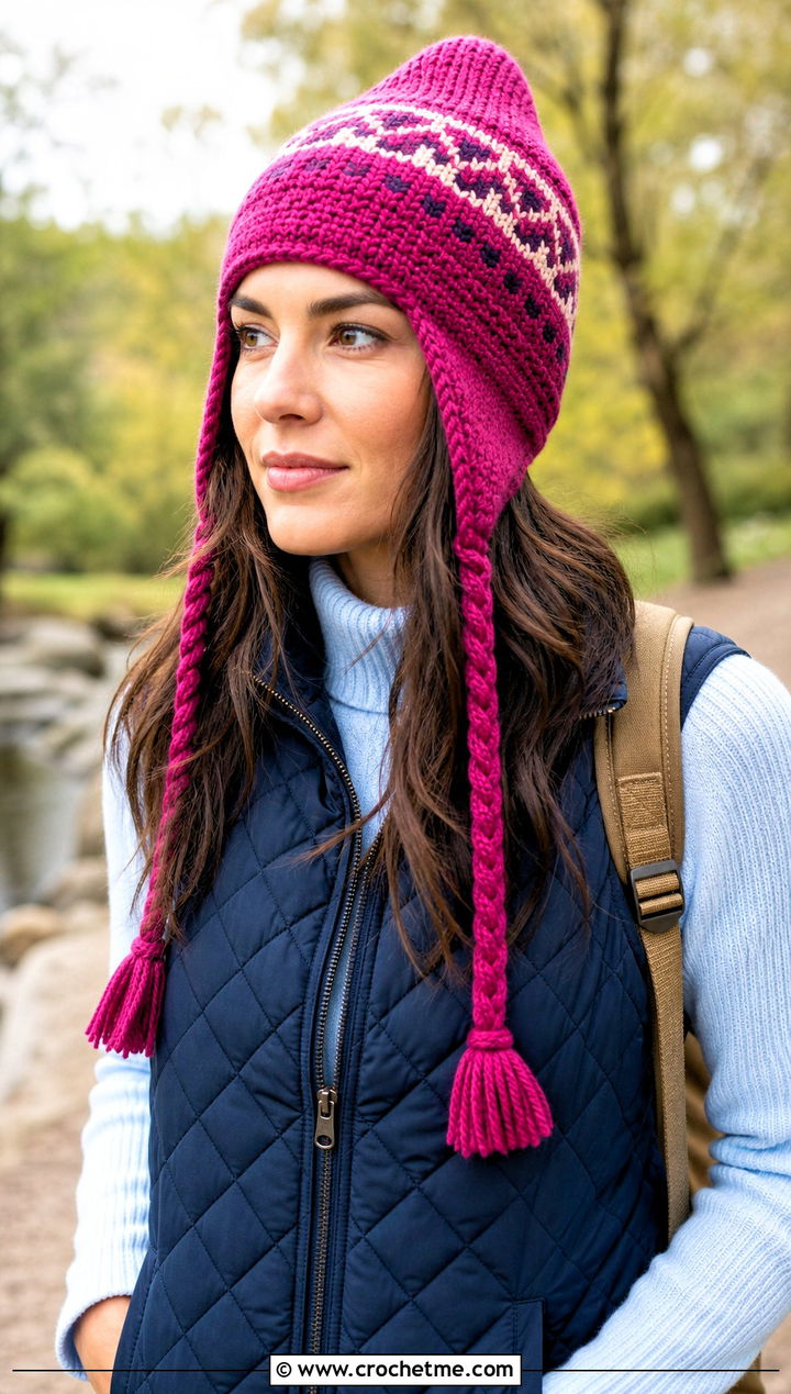 Peruvian Crochet Earflap Beanie With Quilted Vest - 15 Crochet Beanie With Earflaps outfit ideas