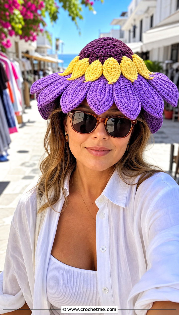 Petal Brim Sunflower Sun Hat With White Shirt And Shorts - 15 Handmade Crochet Sunflower Hat outfit ideas