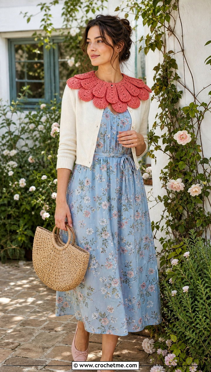 Petal Edge Clown Crochet Ruffle Collar With Floral Dress - 25 Clown Crochet Ruffle Collar outfit ideas