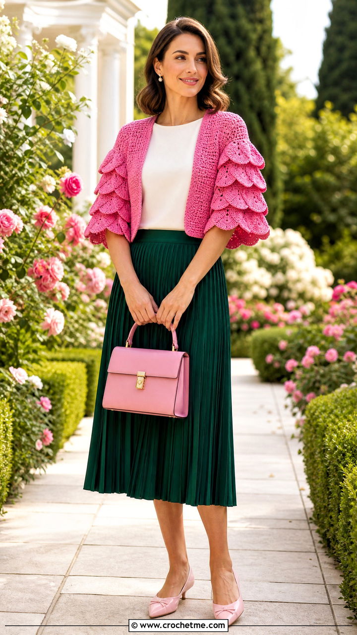 Petal Sleeve Crochet Bolero With Pleated Midi Skirt - 35 crochet shrug bolero outfit ideas