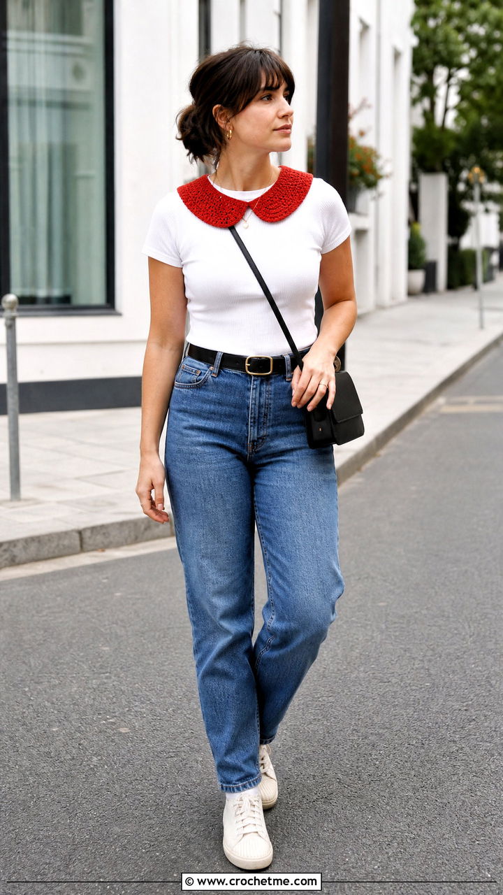Peter Pan Crochet Collar With T Shirt And Jeans - 35 crochet collars outfit ideas