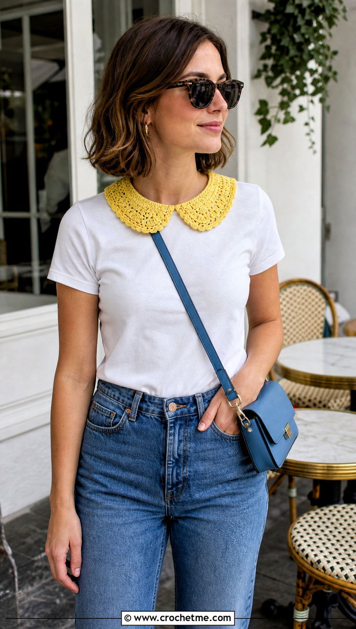 Peter Pan Crochet Collar With T Shirt And Jeans - 15 beginner crochet collar outfit ideas