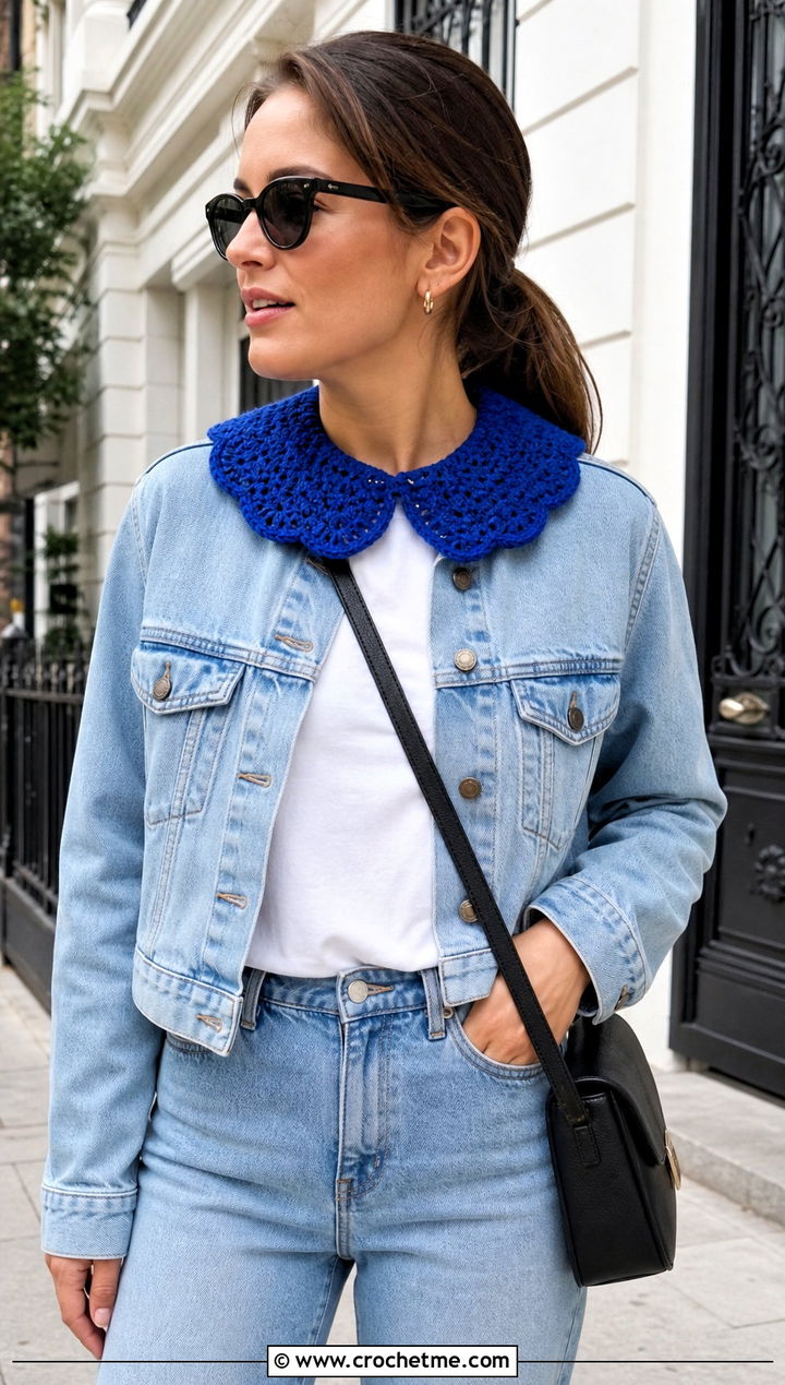 Peter Pan Crocheted Collar With Denim Jacket - 15 Crocheted Collars outfit ideas