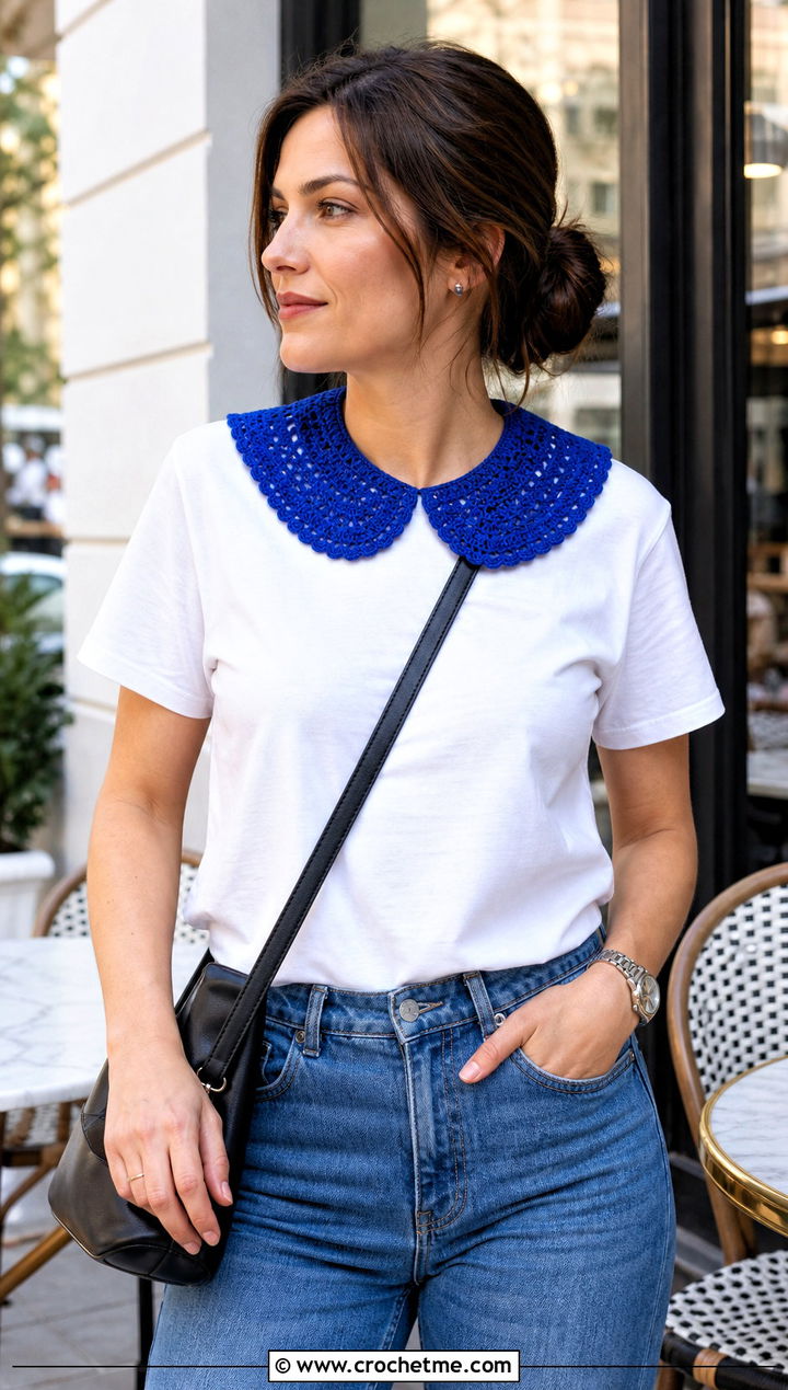 Peter Pan Lace Crochet Collar With T Shirt And Jeans - 25 Lace Crochet Collar outfit ideas