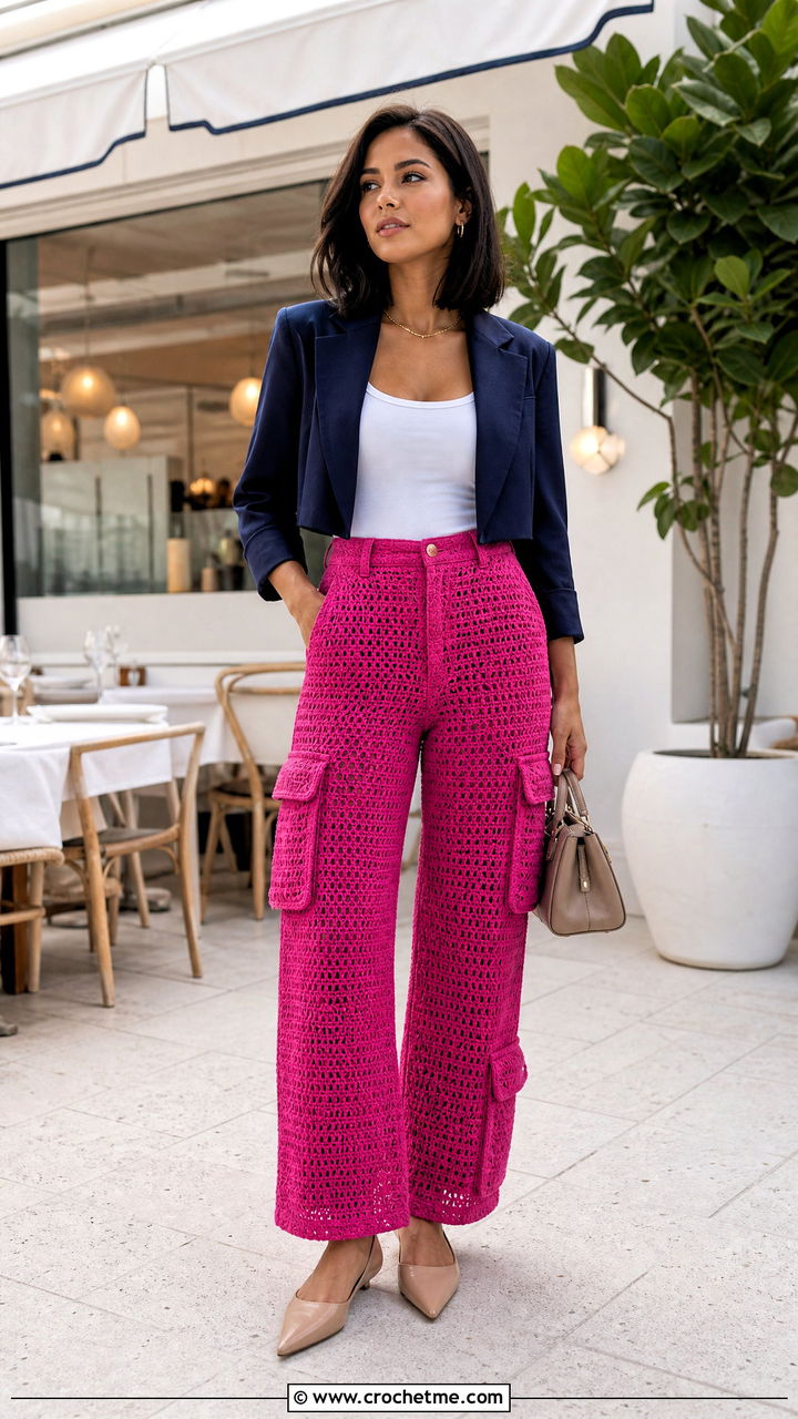 Petite Crochet Cargo Pants With Cropped Blazer - 35 crochet cargo pants outfit ideas