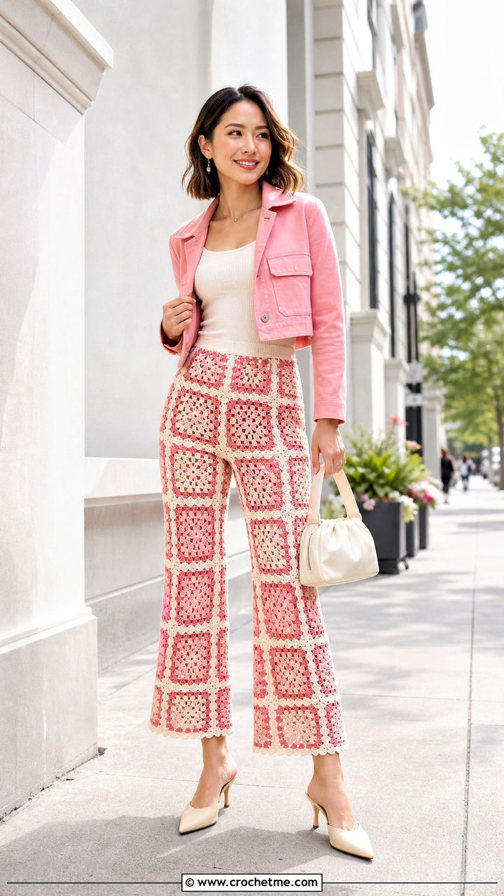 Petite Cropped Flare Granny Square Pants With Short Jacket - 35 granny square pants outfit ideas
