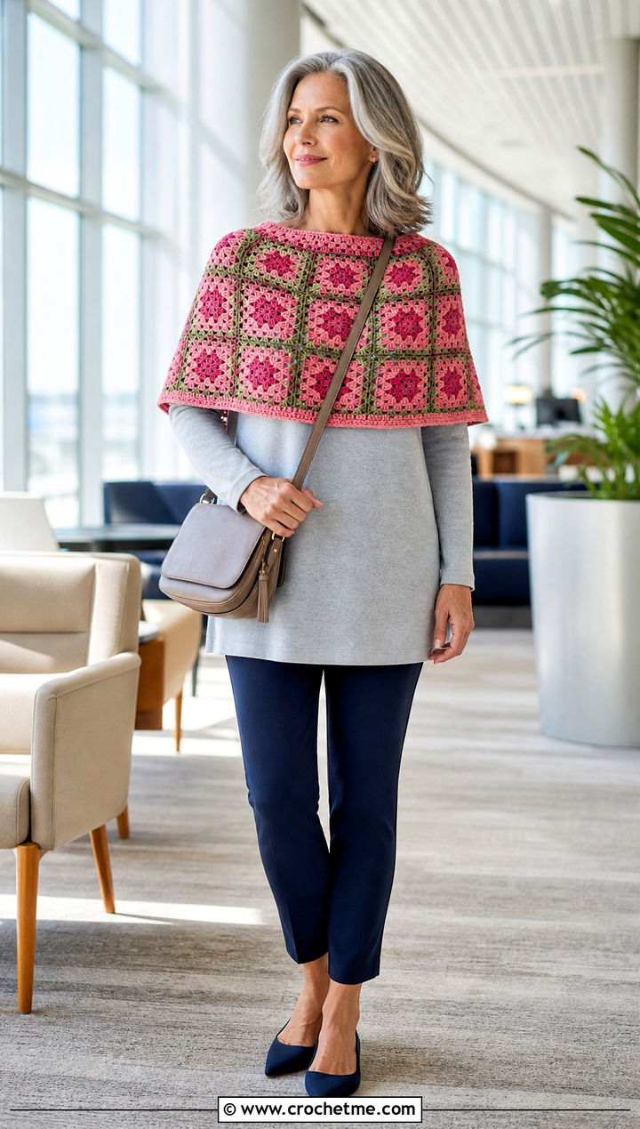 Petite Granny Square Shawl With Tunic And Slim Pants - 35 granny square shawl outfit ideas