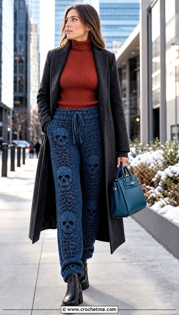 Petrol Blue Winter Lined Crochet Skull Pants With Wool Coat - 25 Crochet Skull Pants outfit ideas