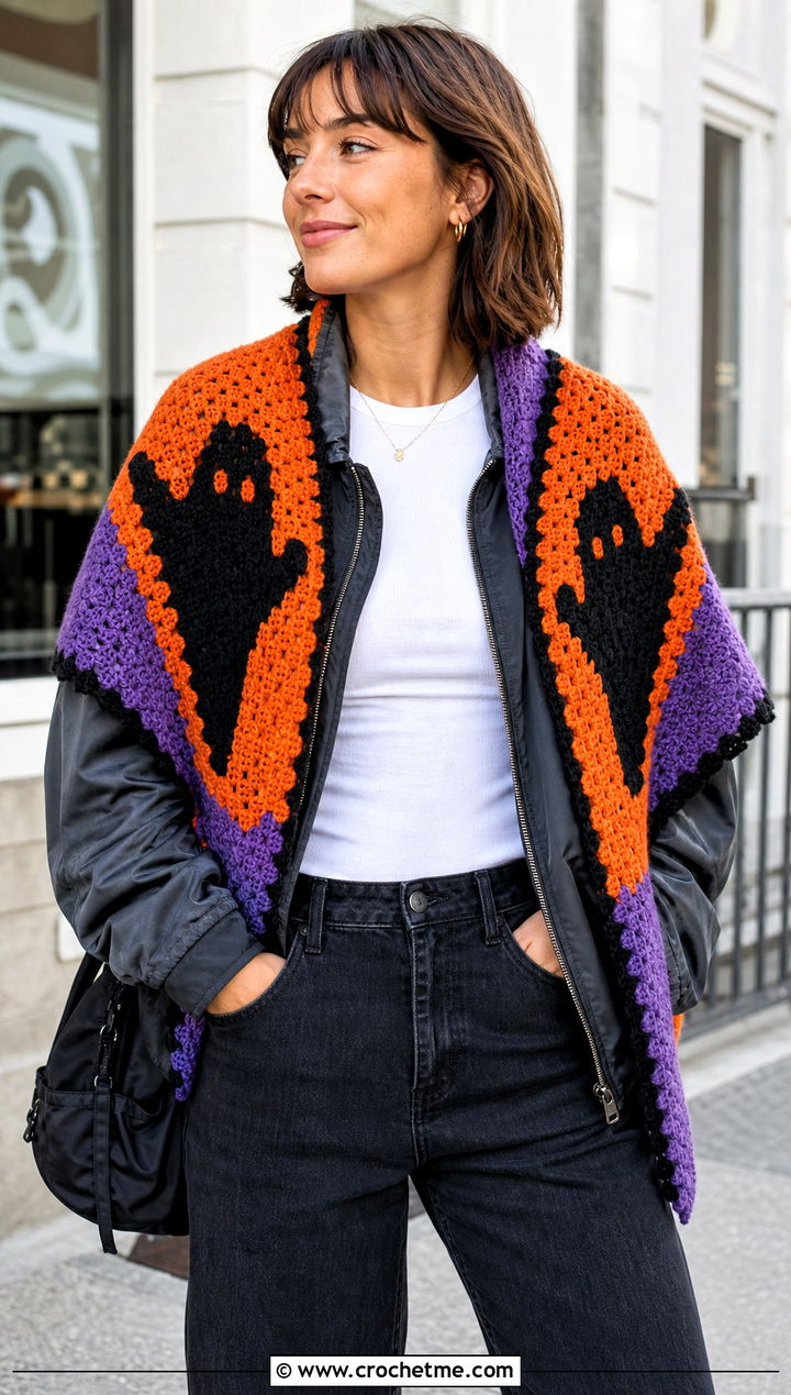 Phantom Color Block Crochet Halloween Shawl With Bomber Jacket - 20 Crochet Halloween Shawl outfit ideas
