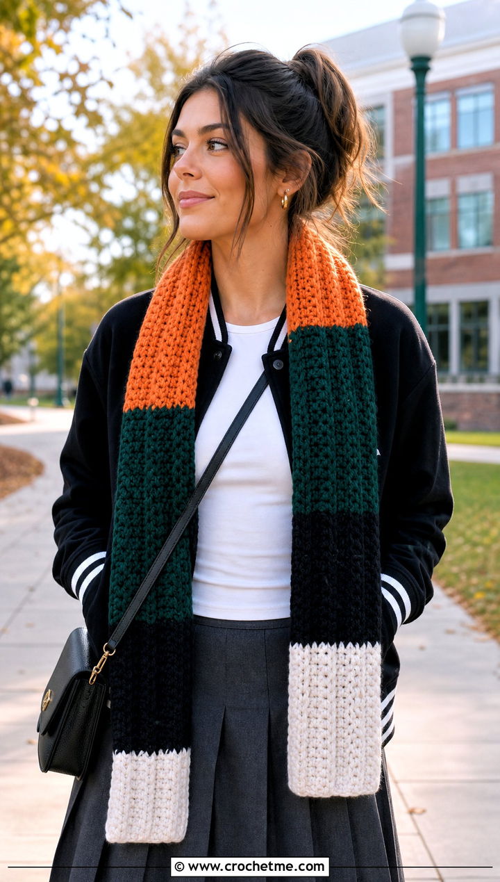 Philadelphia Eagles Color Block Scarf With Varsity Jacket And Pleated Skirt - 20 Philadelphia Eagles Crochet Scarf outfit ideas