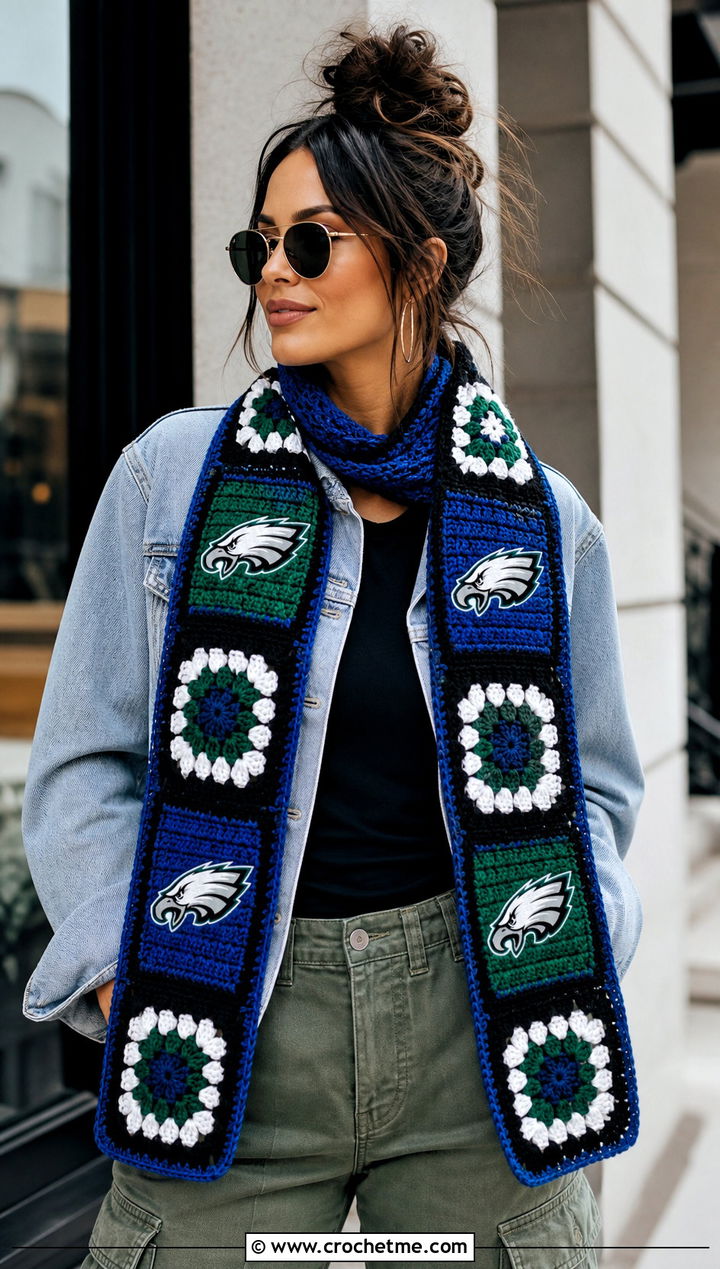 Philadelphia Eagles Granny Square Scarf With Denim Jacket And Cargo Pants - 20 Philadelphia Eagles Crochet Scarf outfit ideas