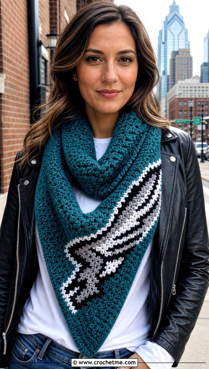 Philadelphia Eagles Graphgan Scarf With Leather Jacket And Jeans - 20 Philadelphia Eagles Crochet Scarf outfit ideas