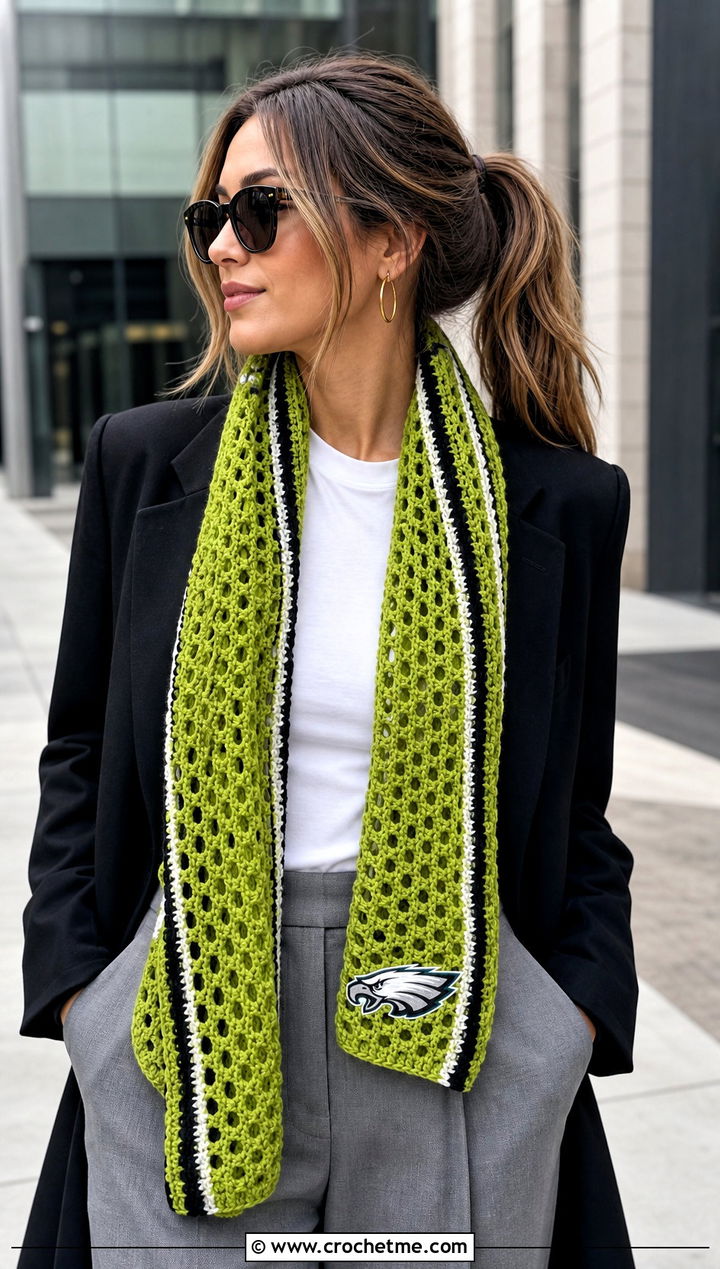 Philadelphia Eagles Mesh Scarf With Blazer And Straight Leg Trousers - 20 Philadelphia Eagles Crochet Scarf outfit ideas