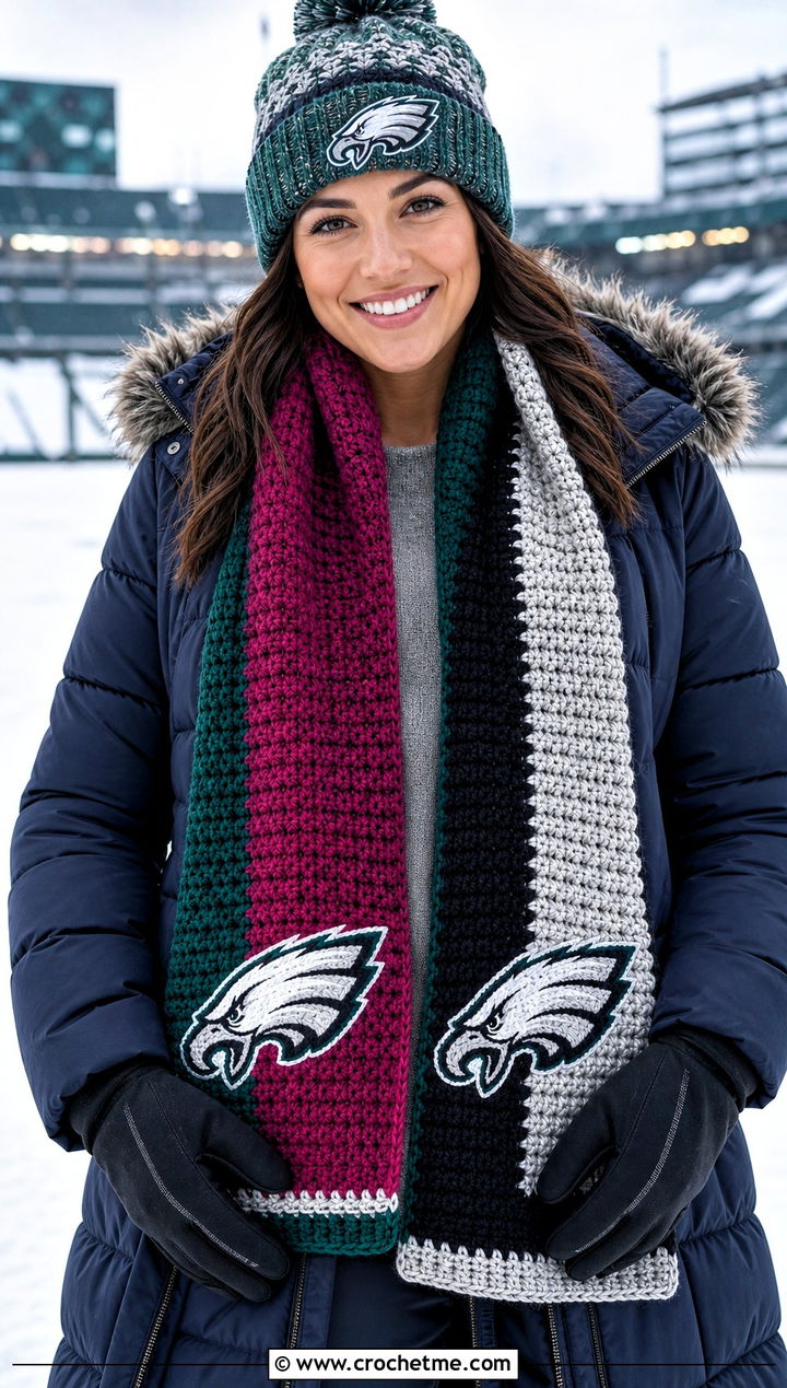 Philadelphia Eagles Reversible Scarf With Puffer Coat And Snow Boots - 20 Philadelphia Eagles Crochet Scarf outfit ideas
