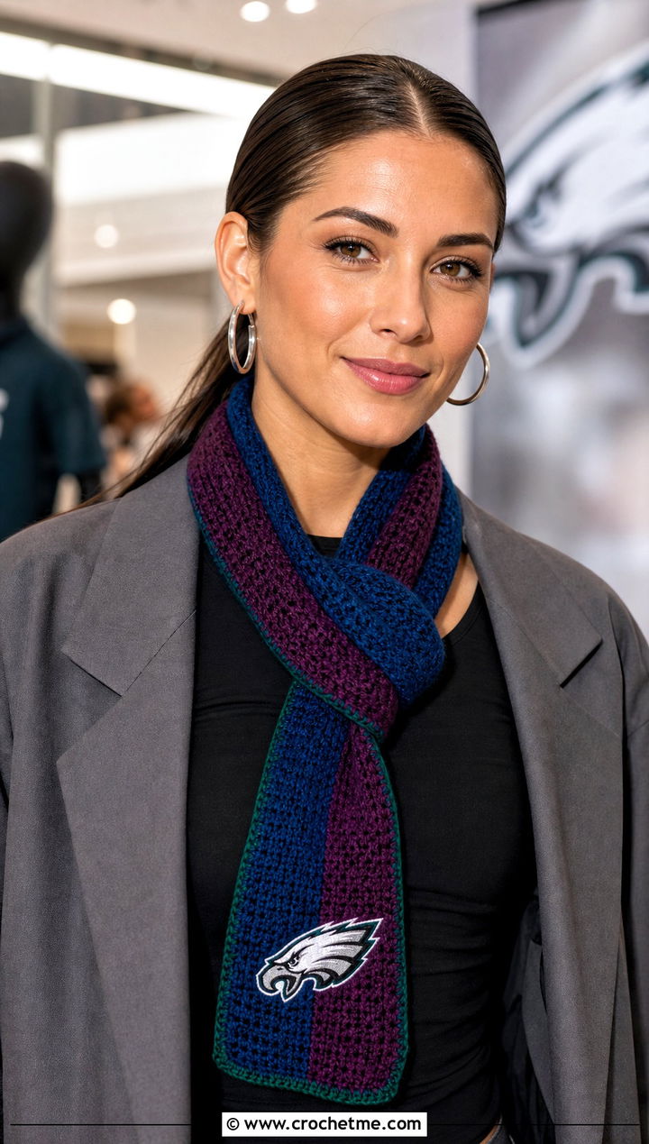 Philadelphia Eagles Skinny Scarf With Blazer And Mini Skirt - 20 Philadelphia Eagles Crochet Scarf outfit ideas