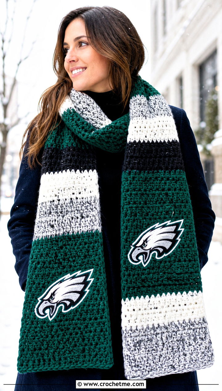 Philadelphia Eagles Super Scarf With Long Coat And Leggings - 20 Philadelphia Eagles Crochet Scarf outfit ideas