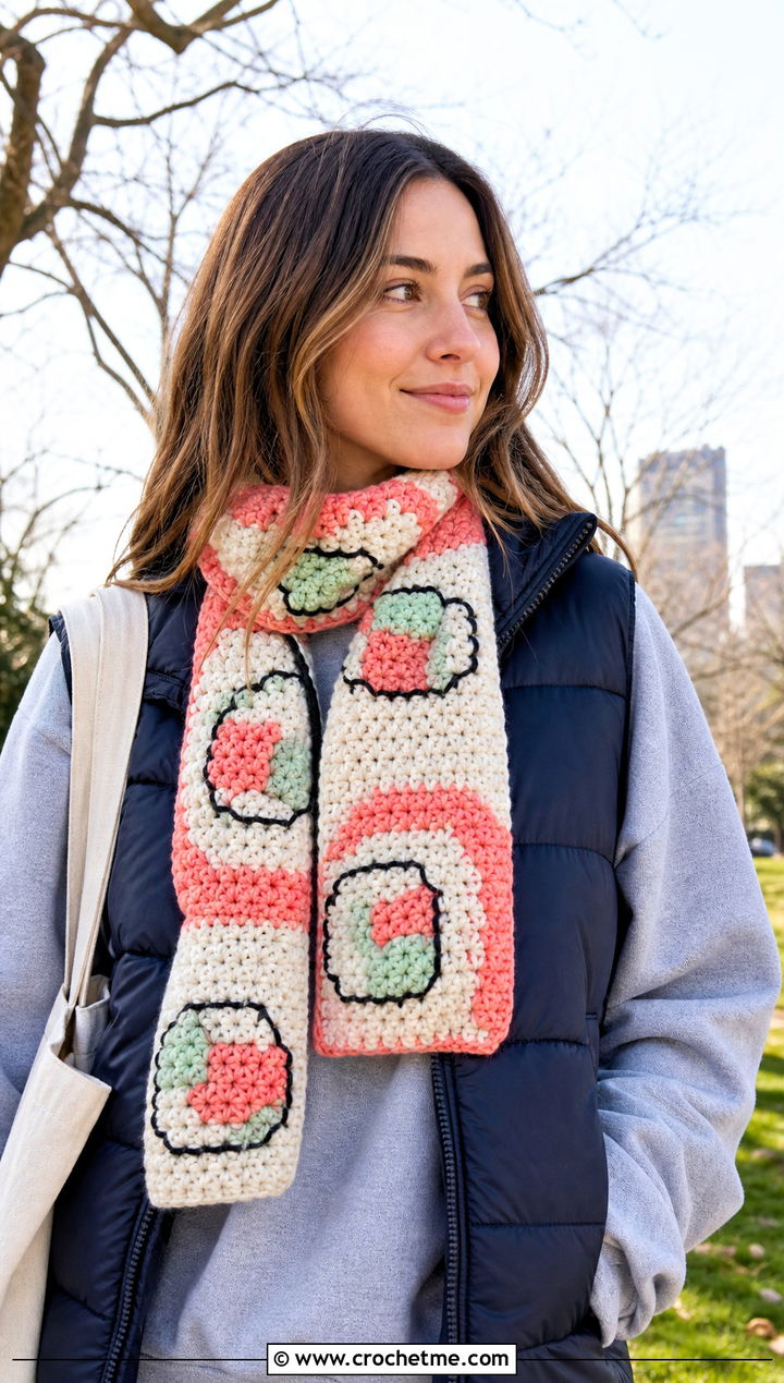 Philadelphia Roll Crochet Sushi Scarf With Puffer Vest - 30 crochet sushi scarf outfit ideas