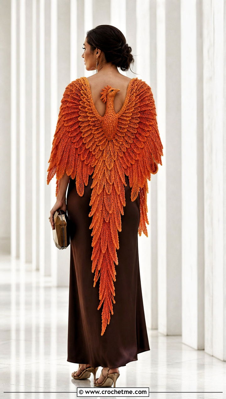 Phoenix Wing Shawl With Column Dress - 30 Crochet Wing Shawl outfit ideas