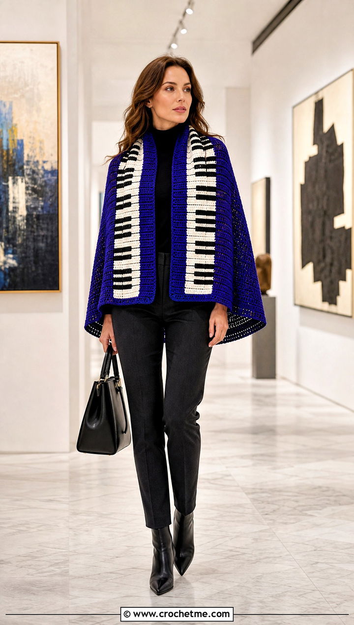 Piano Cape Scarf With Slim Trousers - 35 crochet piano scarf outfit ideas