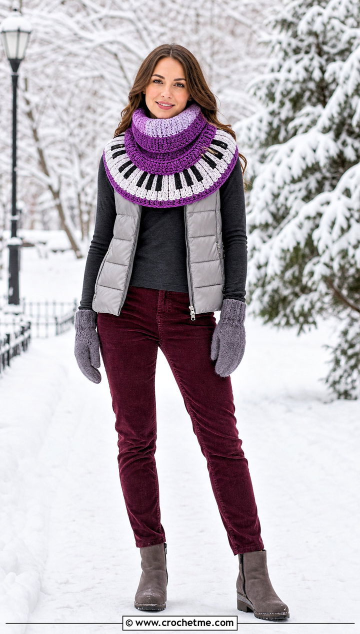Piano Cowl Scarf With Puffer Vest - 35 crochet piano scarf outfit ideas