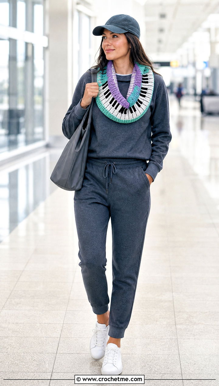 Piano Infinity Scarf With Athleisure Set - 35 crochet piano scarf outfit ideas