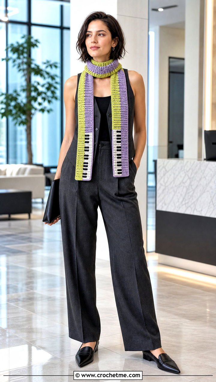 Piano Lariat Scarf With Vest And Trousers - 35 crochet piano scarf outfit ideas