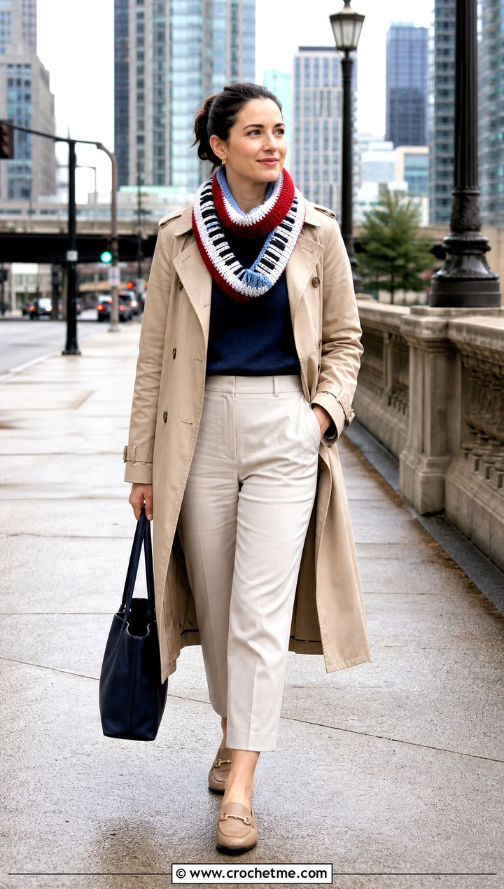 Piano Loop Scarf With Trench Coat - 35 crochet piano scarf outfit ideas
