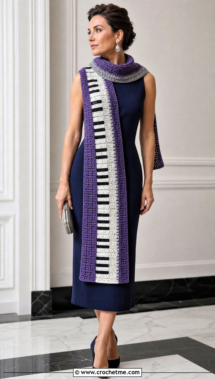 Piano Stole Scarf With Column Dress - 35 crochet piano scarf outfit ideas