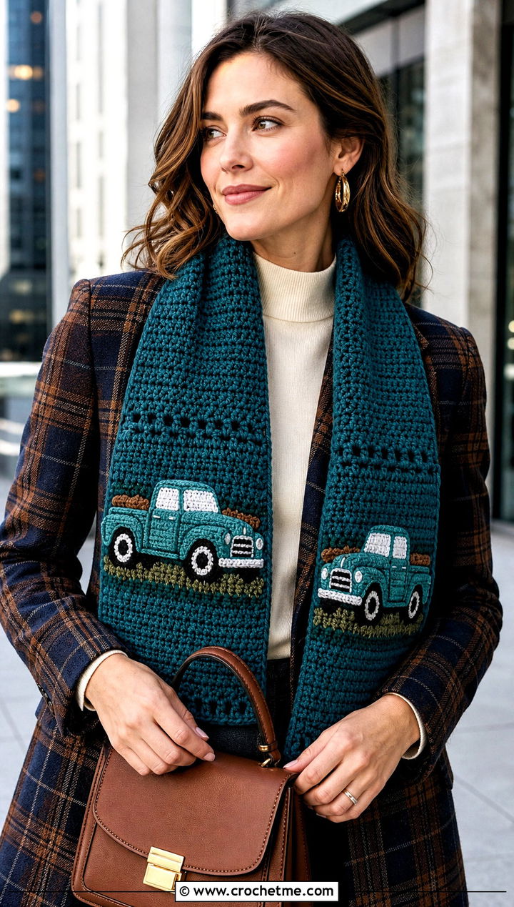 Pickup Truck Crochet Scarf With Plaid Blazer - 20 Crochet Truck Scarf outfit ideas
