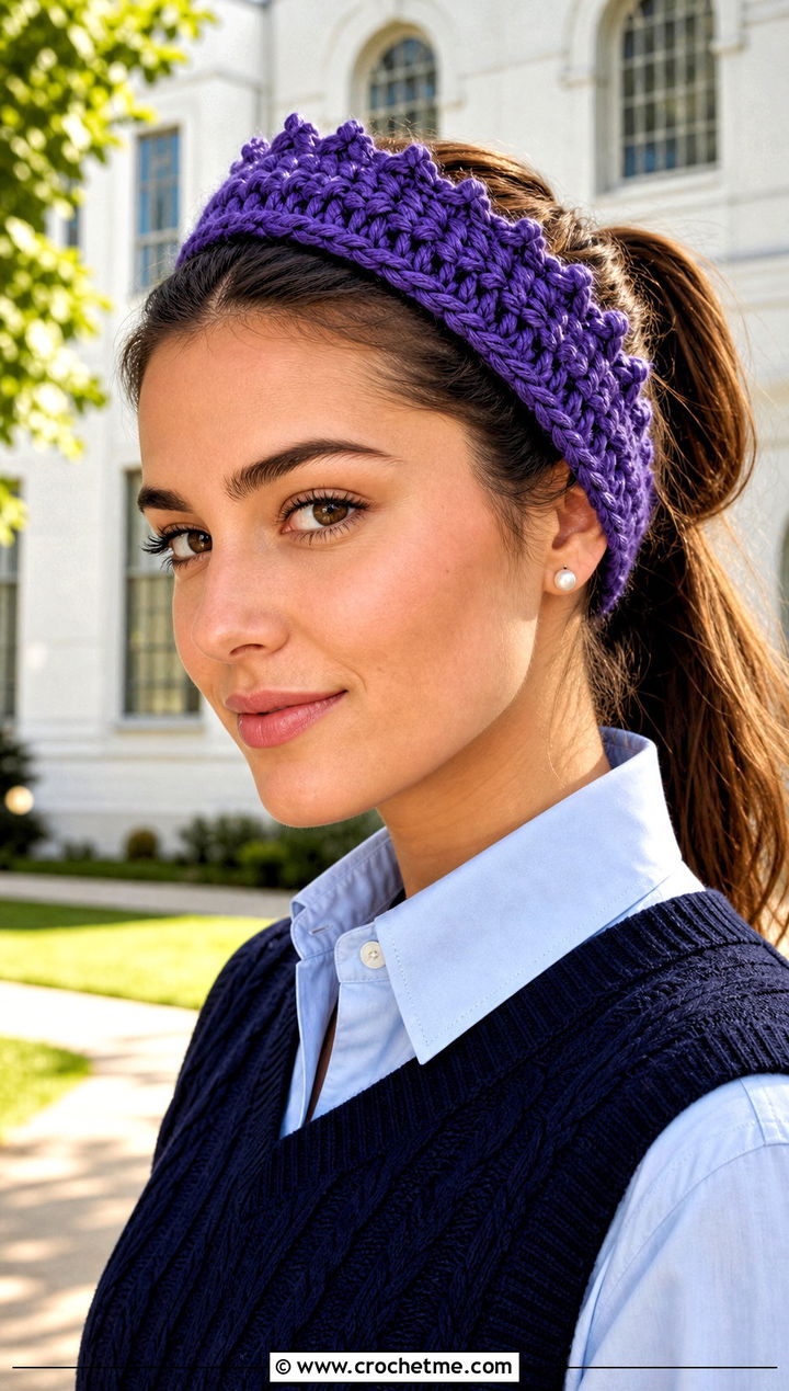Picot Bulky Yarn Crochet Headband With Preppy Outfit - 25 bulky yarn crochet headband outfit ideas