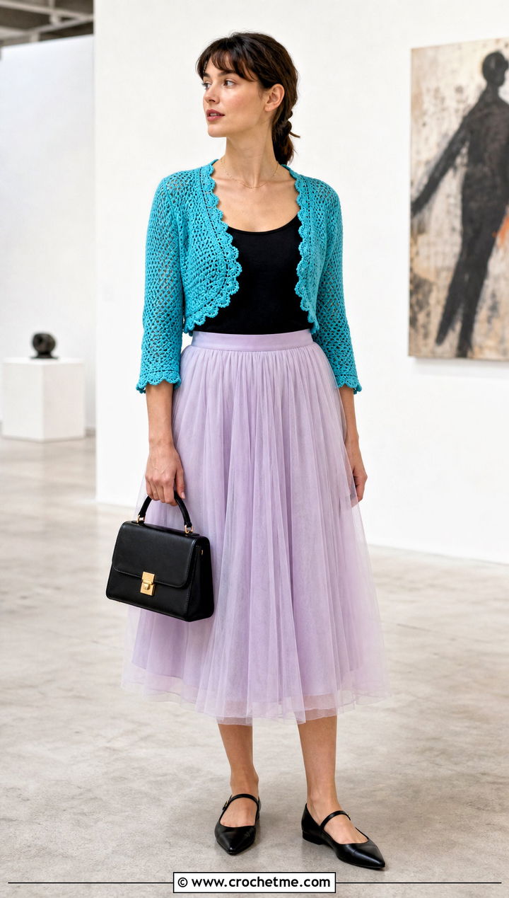 Picot Edge Ballet Crochet Shrug With Tulle Midi Skirt - 20 Ballet Crochet Shrug outfit ideas